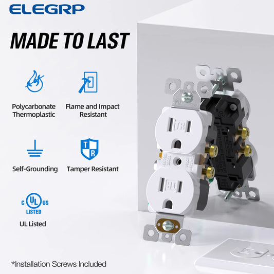 High impact Resistant -Glossy finish 15 Amp Tamper resistant Duplex Receptacle, White, 10Pack